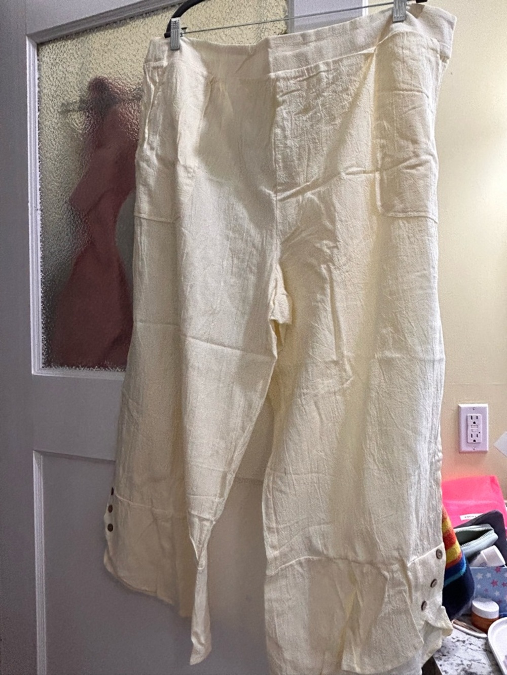 Cream Lightweight Linen-Look Button Hem Pants